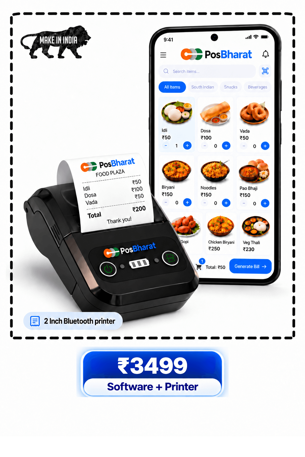 PosBharat 2 inch Bluetooth printer with software for INR 3499.